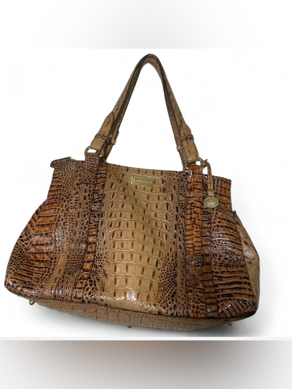 Brahmin Croc-Embossed Shoulder Bag in Brown and Tan